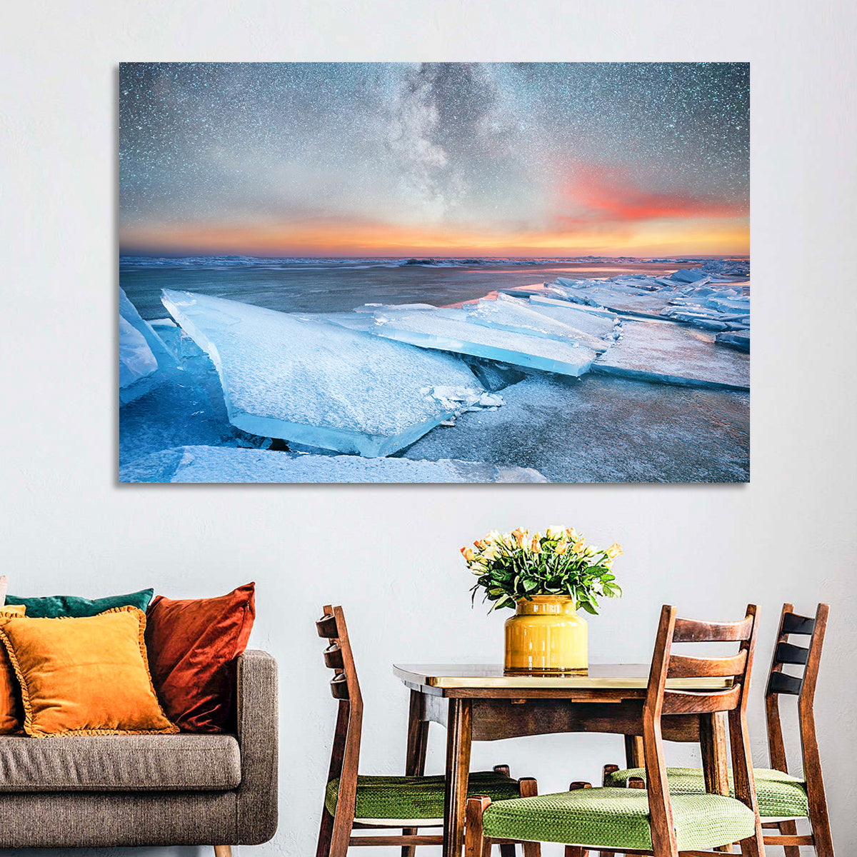Milky Way Over Frozen Shore Wall Art in a room, landscape