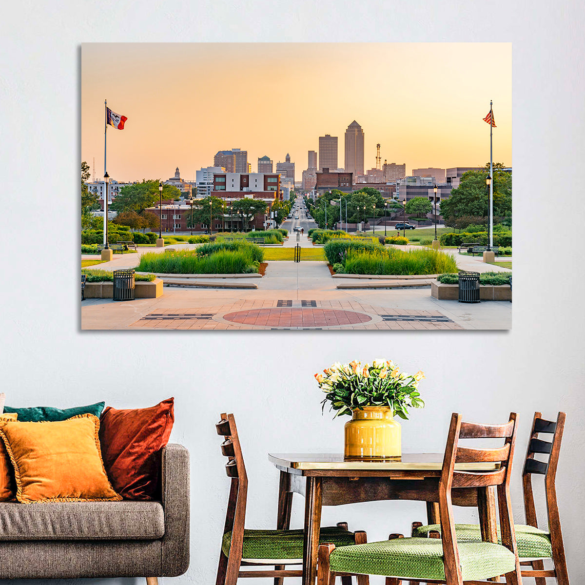 Des Moines Golden Hour Skyline Wall Art in a room, landscape