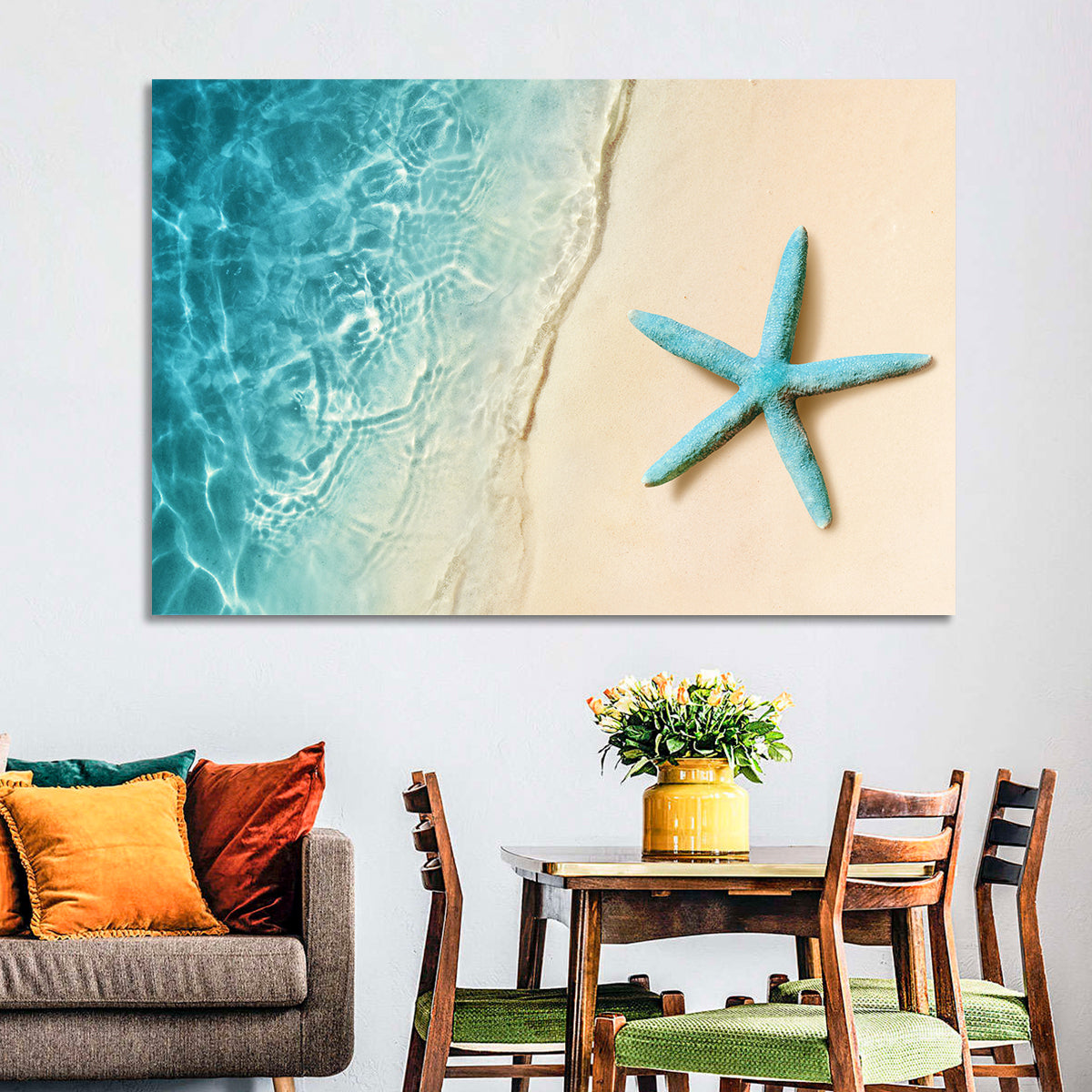 Blue Starfish on Sandy Beach Wall Art in a room, landscape