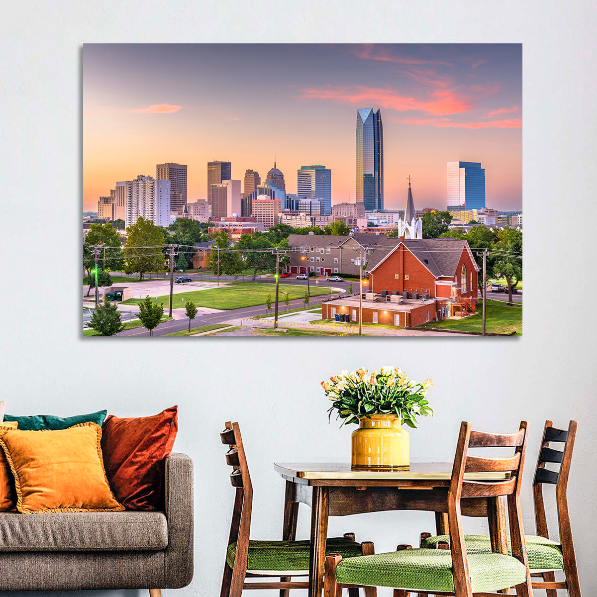 Oklahoma City Golden Hour Skyline Wall Art in a room, landscape