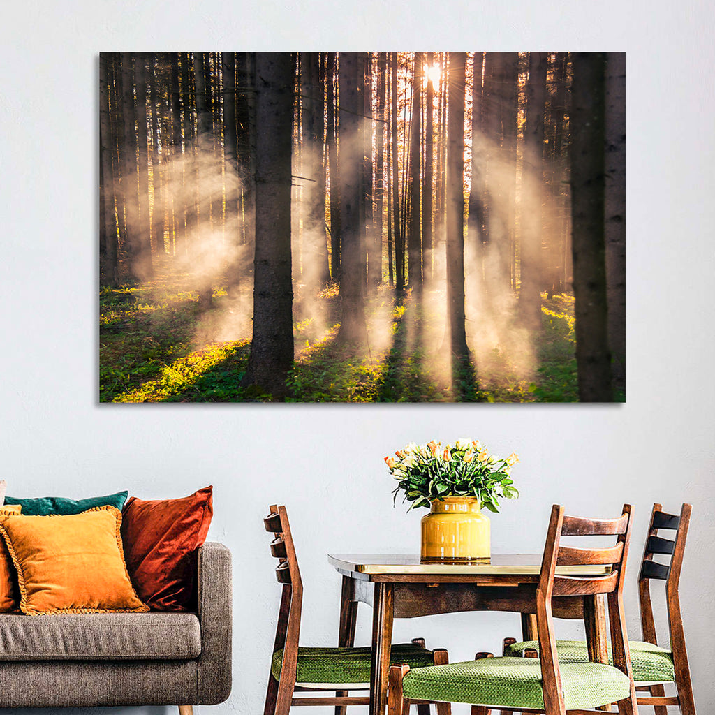 Sunrise Through Misty Forest Wall Art