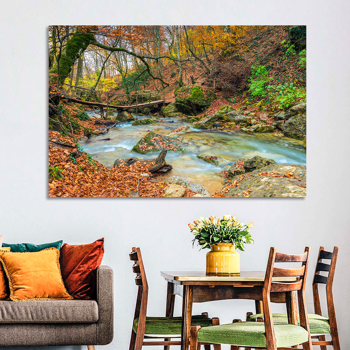 Mossy Footbridge in Autumn Forest Wall Art in a room, landscape