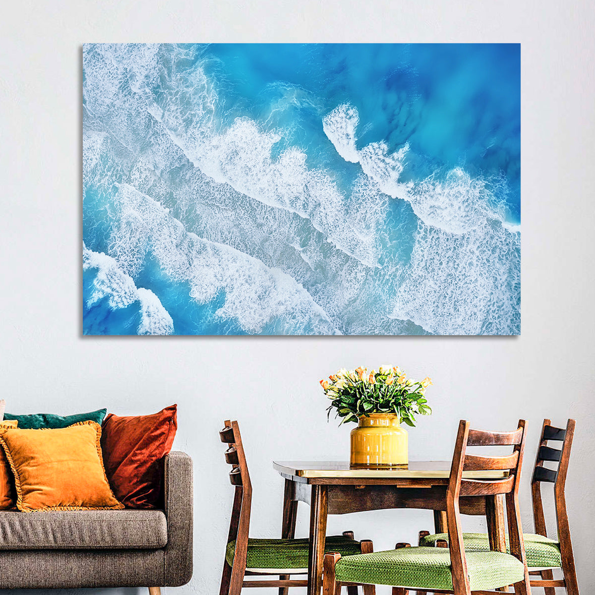 Aerial Turquoise Waves Wall Art in a room, landscape