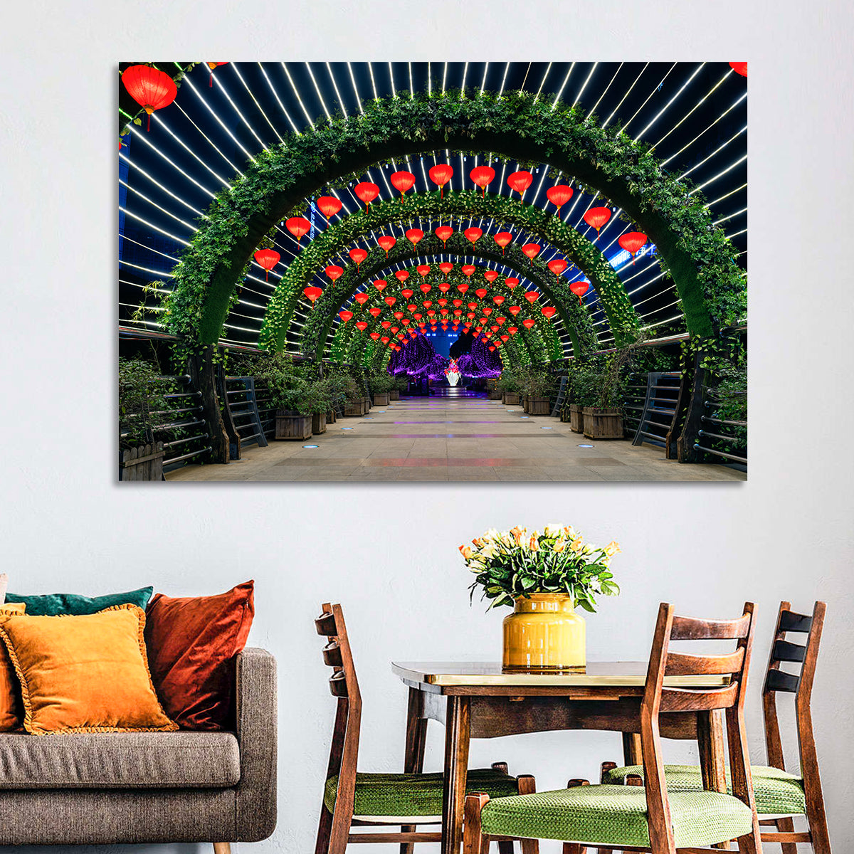 Red Lantern Trellis Tunnel Wall Art in a room, landscape