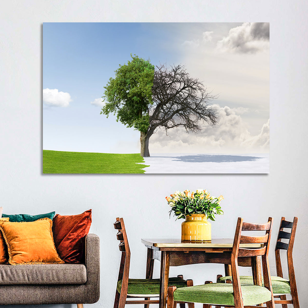 Summer to Winter Split Tree Wall Art in a room, landscape