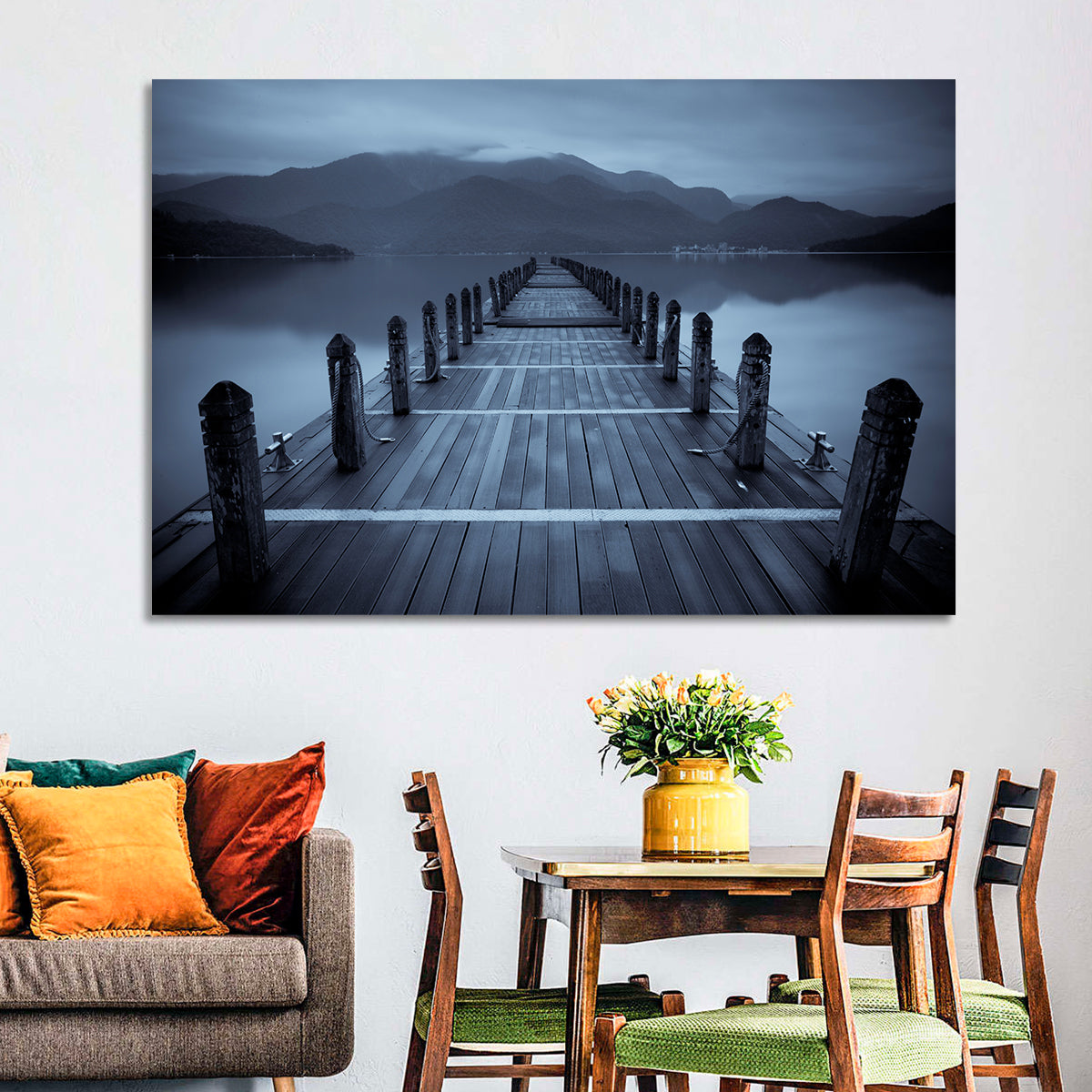 Long Lake Pier at Dusk Wall Art in a room, landscape