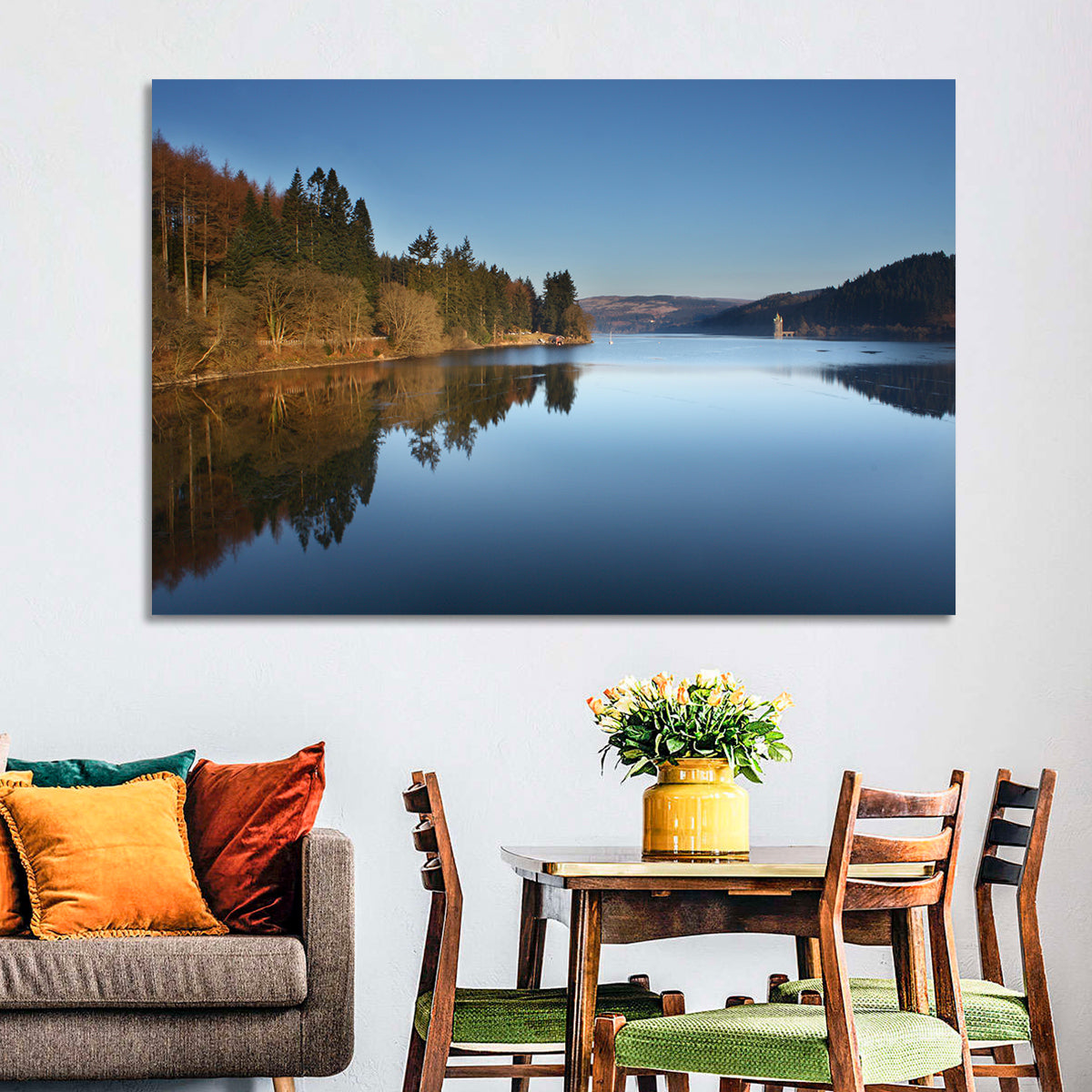 Lake Vyrnwy Golden Hour Reflection Wall Art in a room, landscape