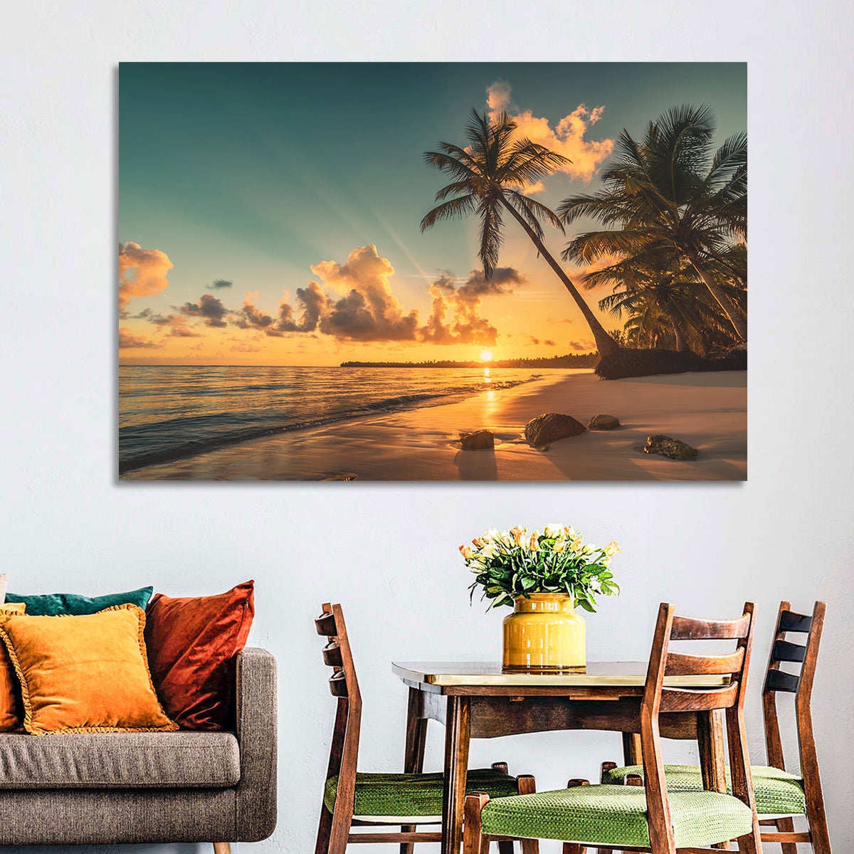 Golden Hour Palm Beach Sunset Wall Art in a room, landscape