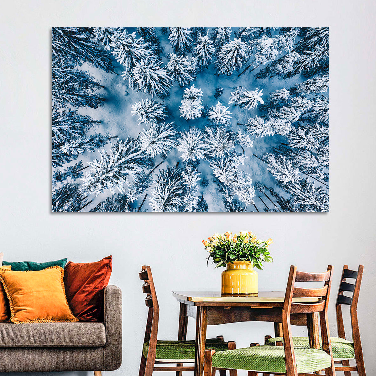 Aerial Snowy Evergreen Canopy Wall Art in a room, landscape