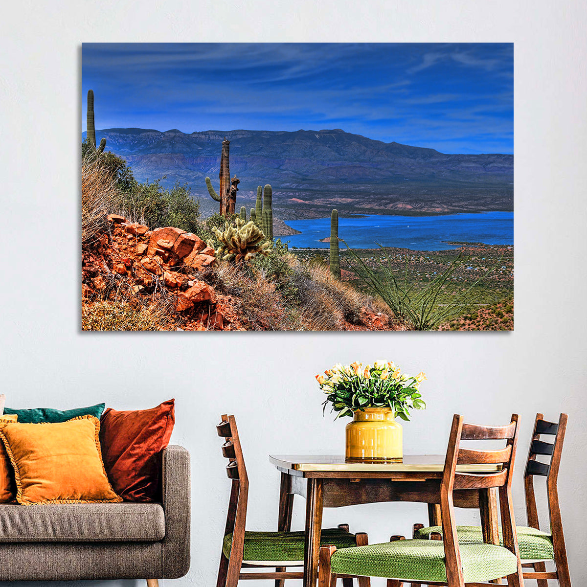 Roosevelt Lake Saguaro Vista Wall Art in a room, landscape