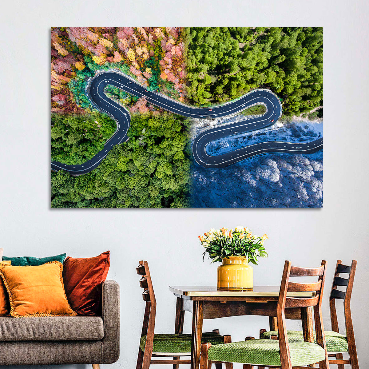Four Seasons Winding Road Wall Art in a room, landscape