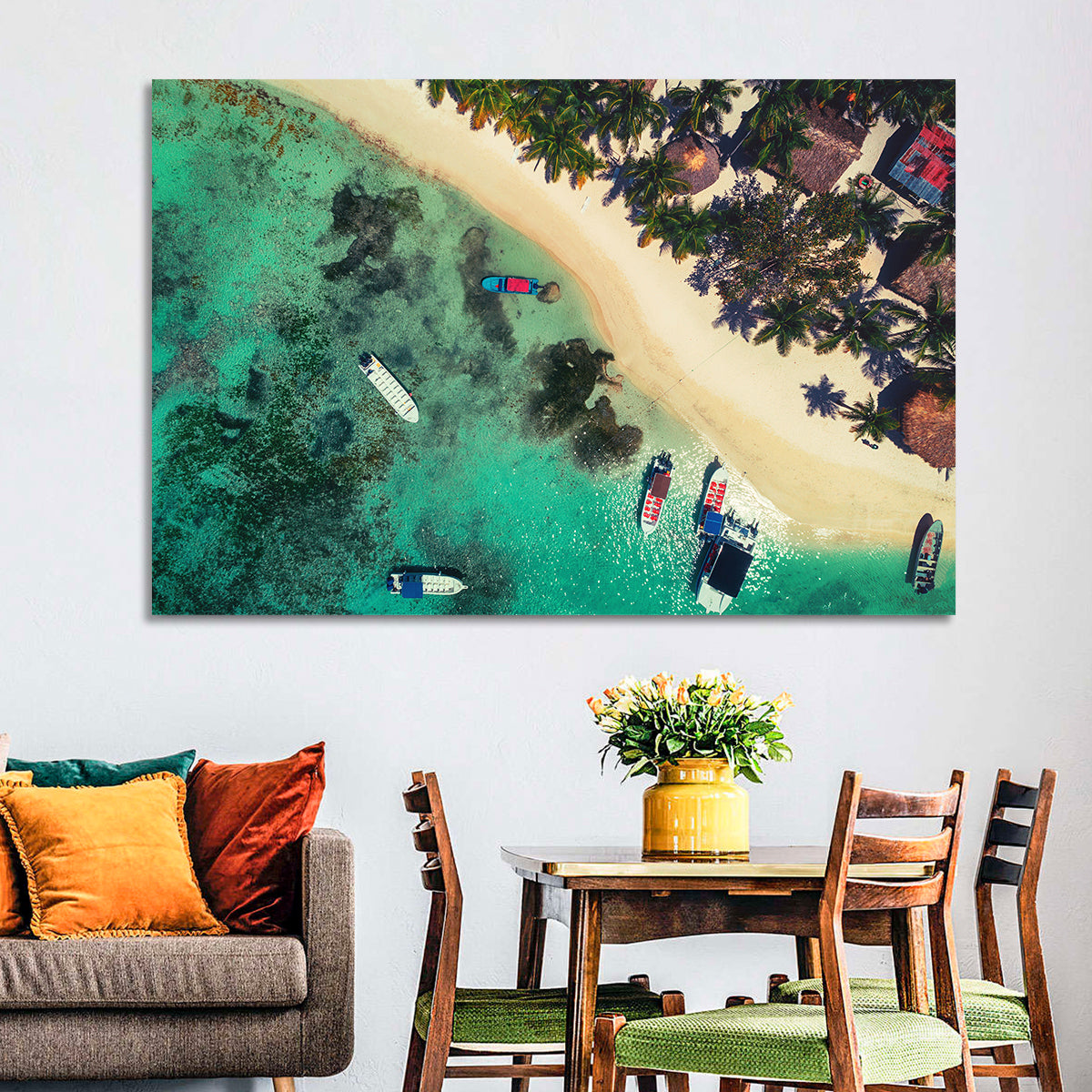 Aerial Tropical Shoreline with Six Boats Wall Art