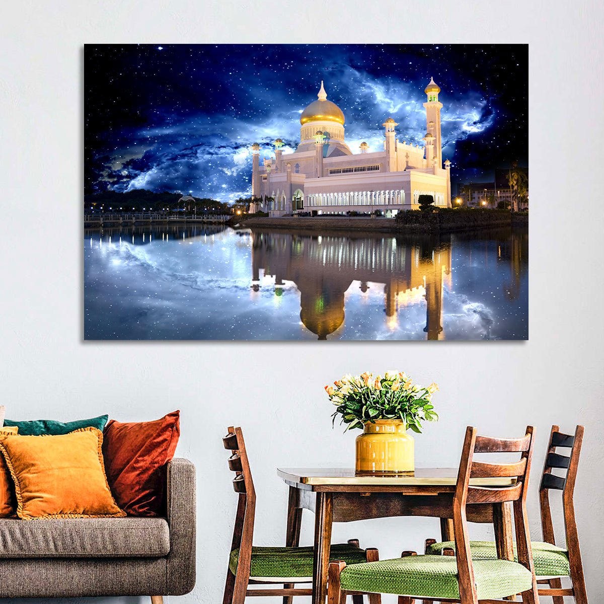 Omar Ali Saifuddien Mosque at Night Wall Art in a room, landscape