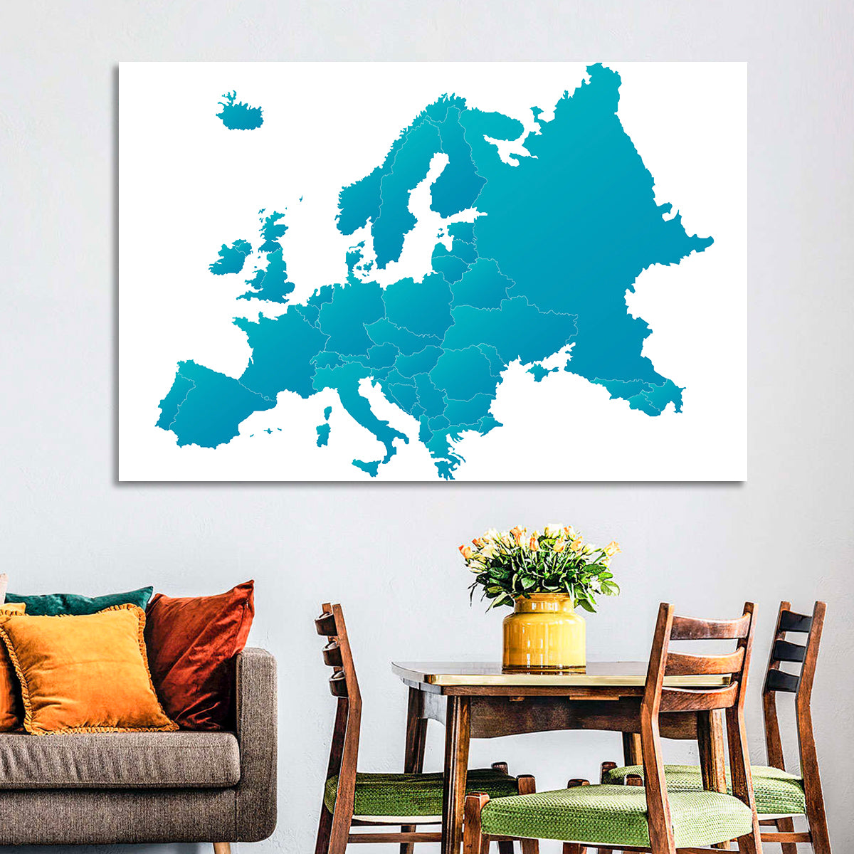 Teal Gradient Europe Map Wall Art in a room, landscape