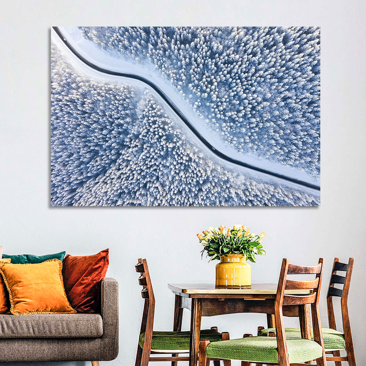 Winding Snowy Forest Road Wall Art in a room, landscape