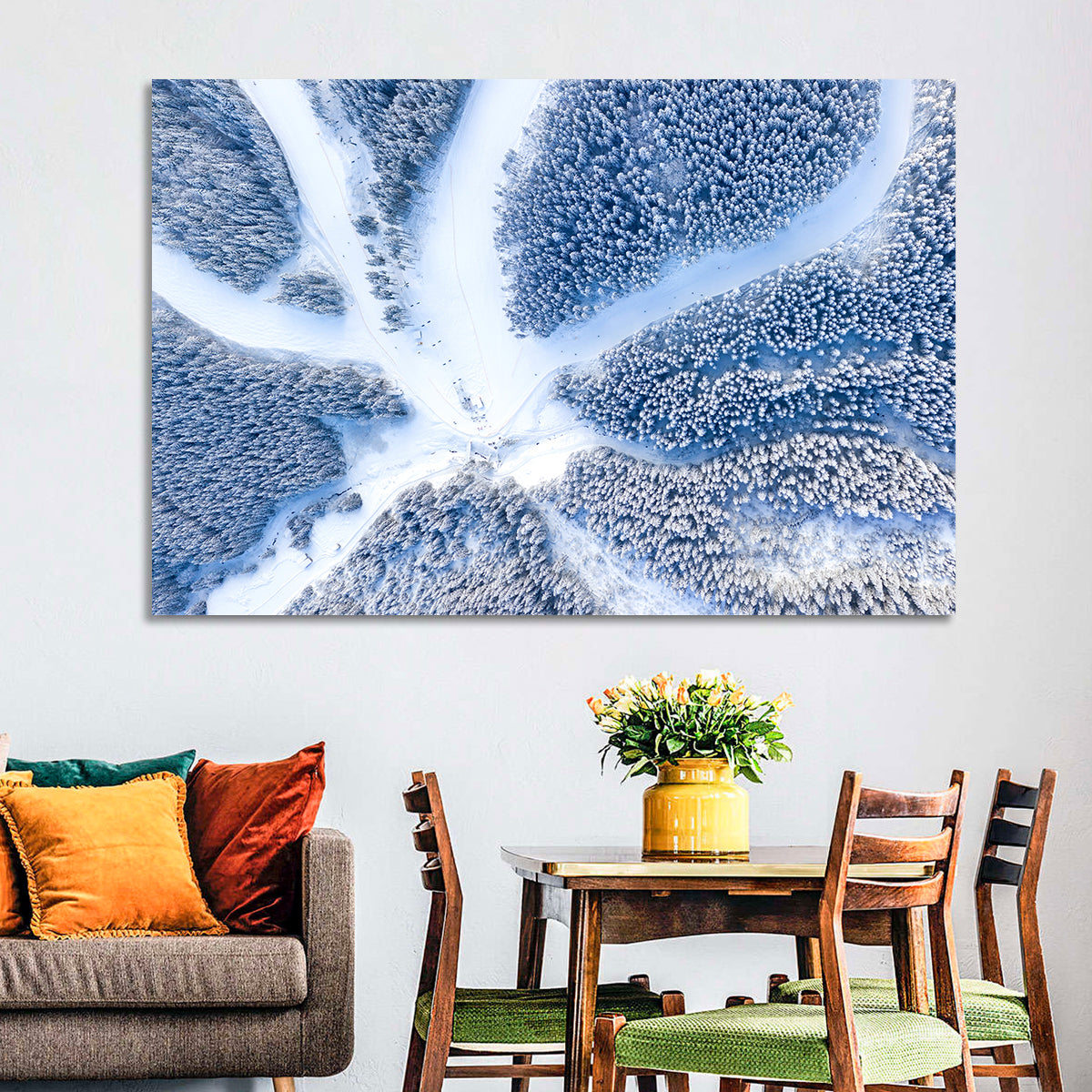 Birds-eye Ski Resort Landscape Wall Art in a room, landscape