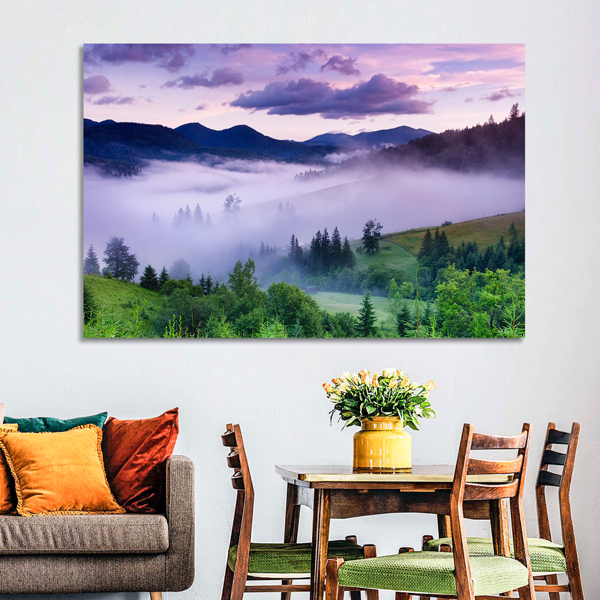 Misty Mountain Valley at Twilight Wall Art in a room, landscape