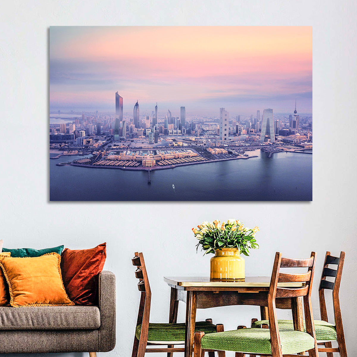 Kuwait City Twilight Skyline Wall Art in a room, landscape