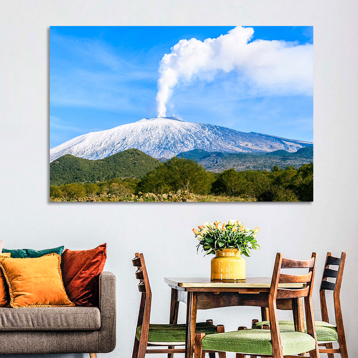 Snow-capped Mount Etna with Volcanic Plume Wall Art