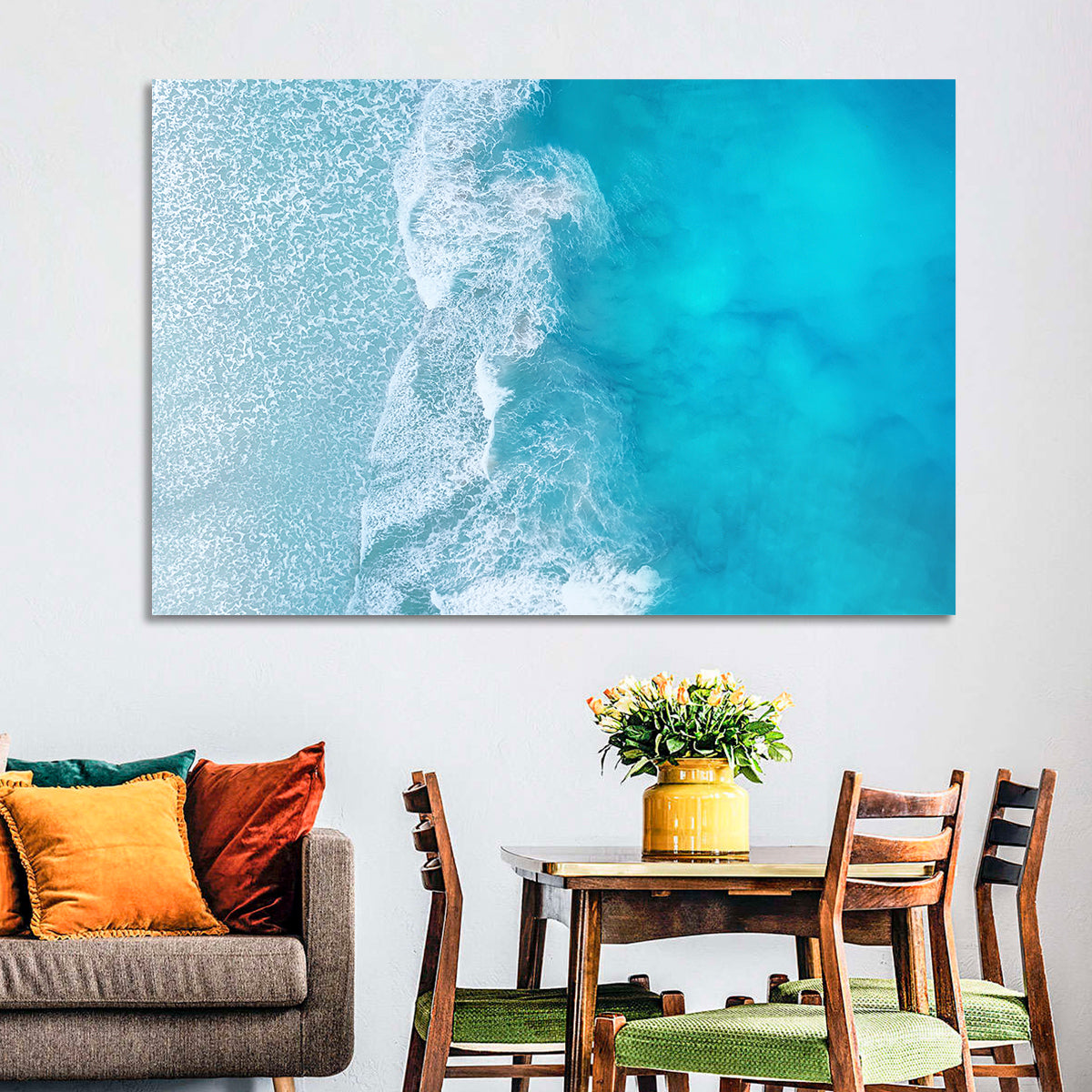 Turquoise Aerial Ocean Waves Wall Art in a room, landscape