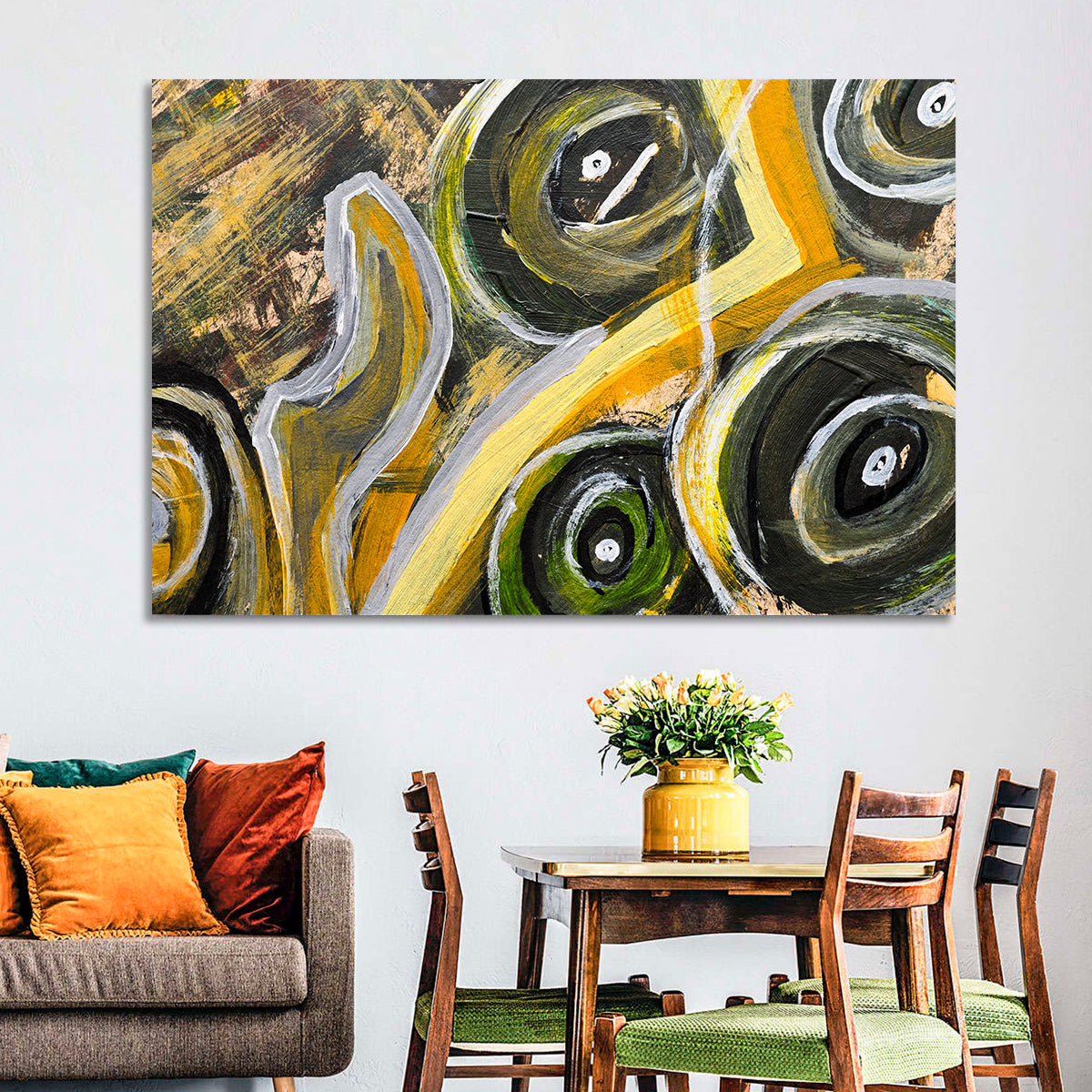 Impasto Swirl Circles in Yellow and Black Wall Art in a room, landscape