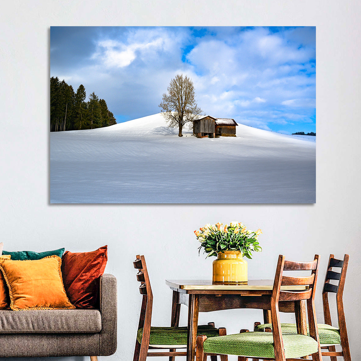 Rustic Barn on a Snowy Hill Wall Art in a room, landscape