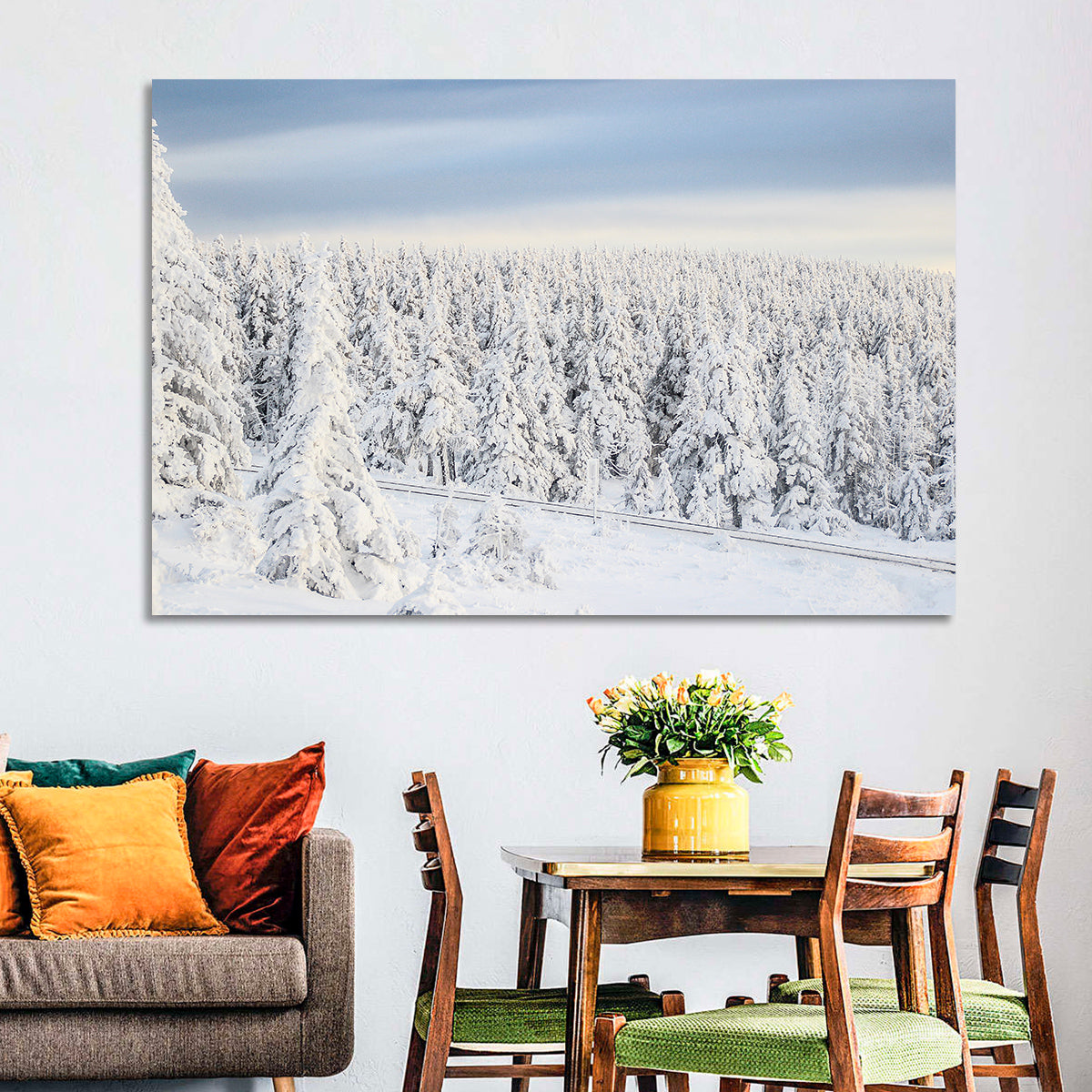Snowy Forest Railway Tracks Wall Art in a room, landscape