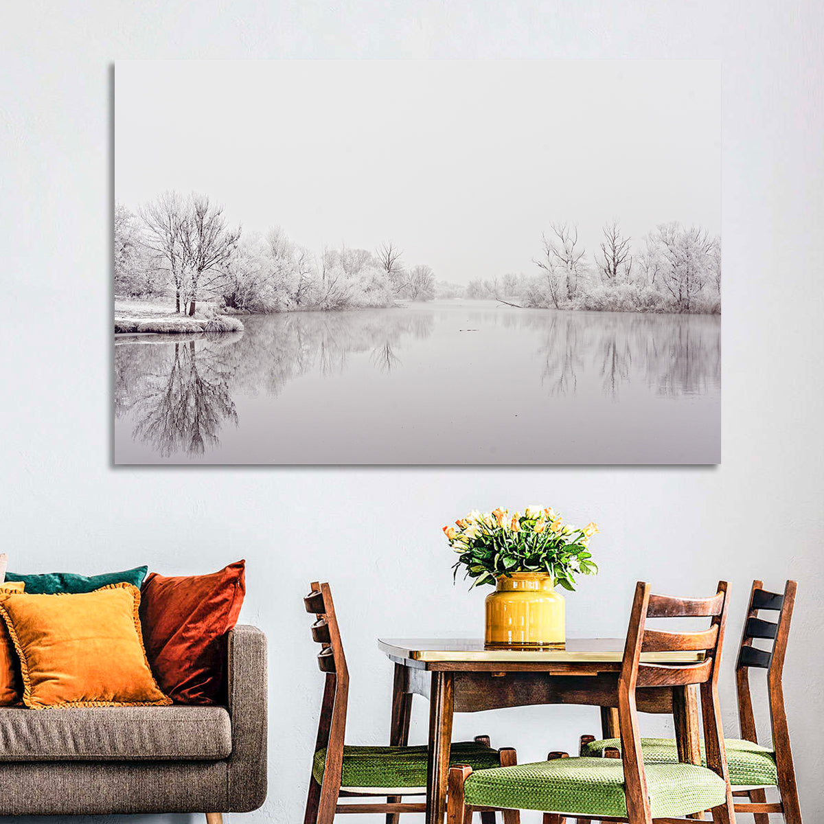Frozen River Reflection in Winter Fog Wall Art in a room, landscape