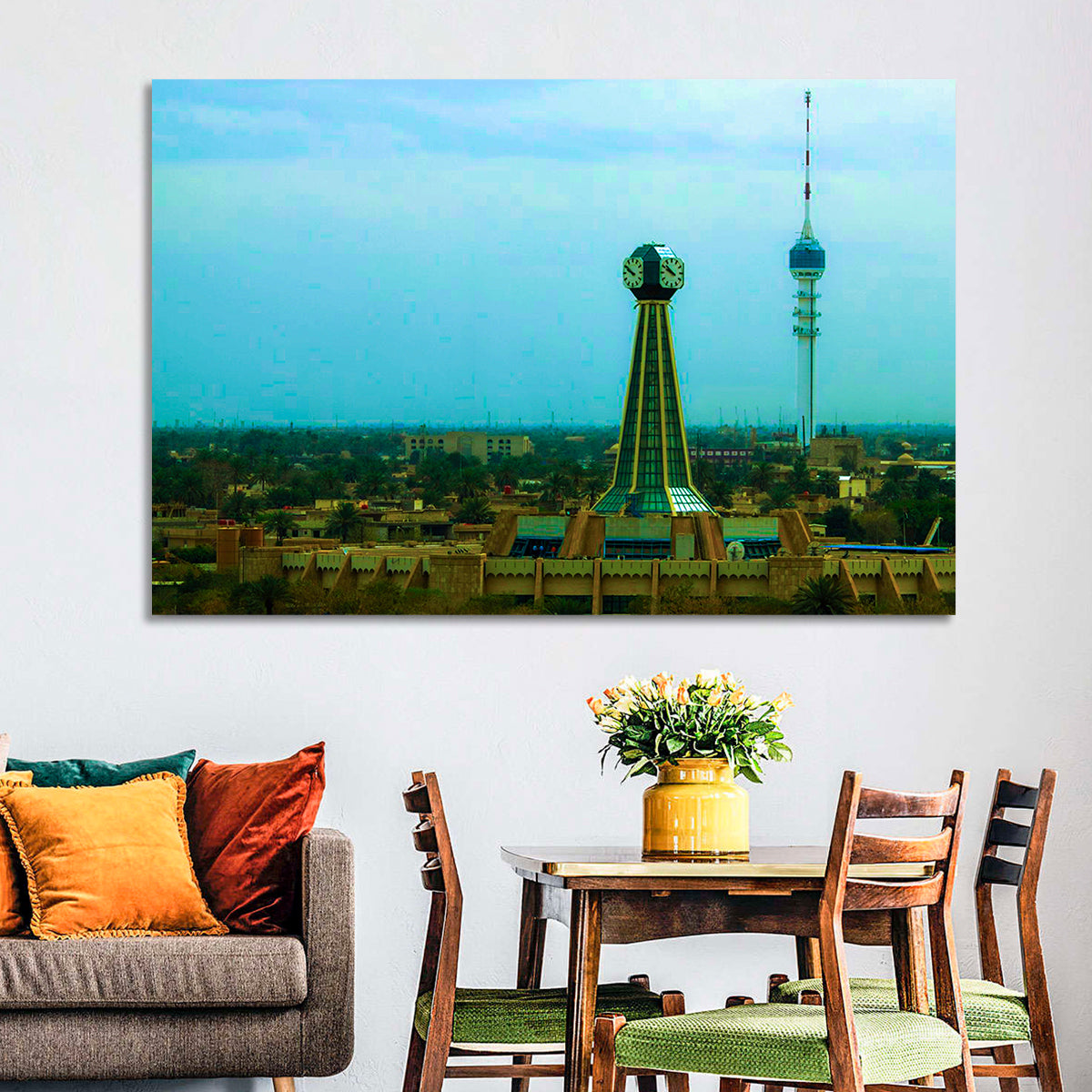 Baghdad Clock Tower Cityscape Wall Art in a room, landscape