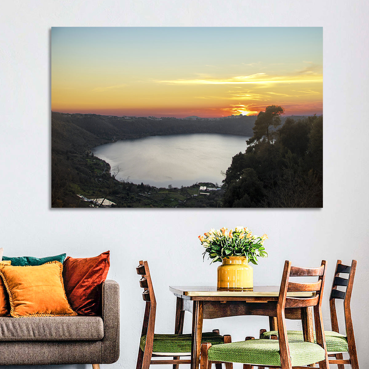 Lake Nemi Golden Sunset Wall Art in a room, landscape