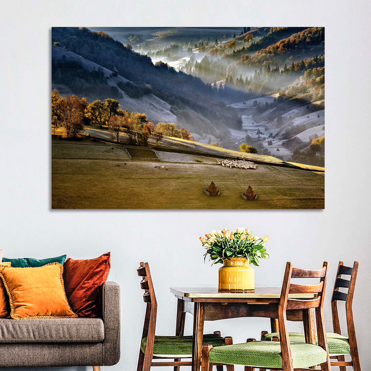 Mountain Village in Morning Mist Wall Art in a room, landscape
