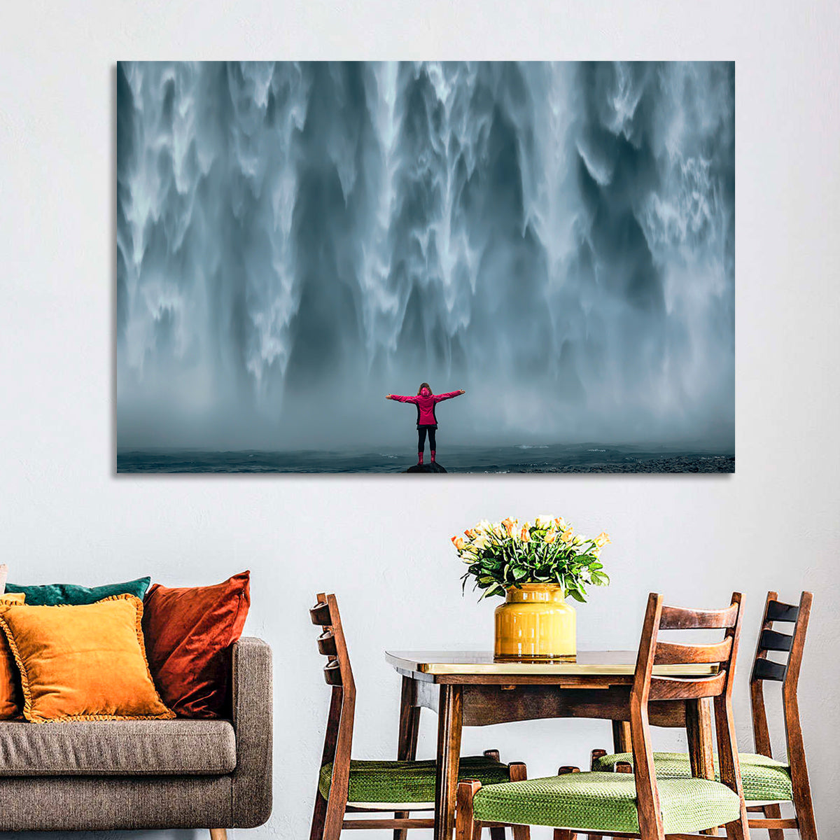 Skogafoss Waterfall with Figure in Pink Wall Art