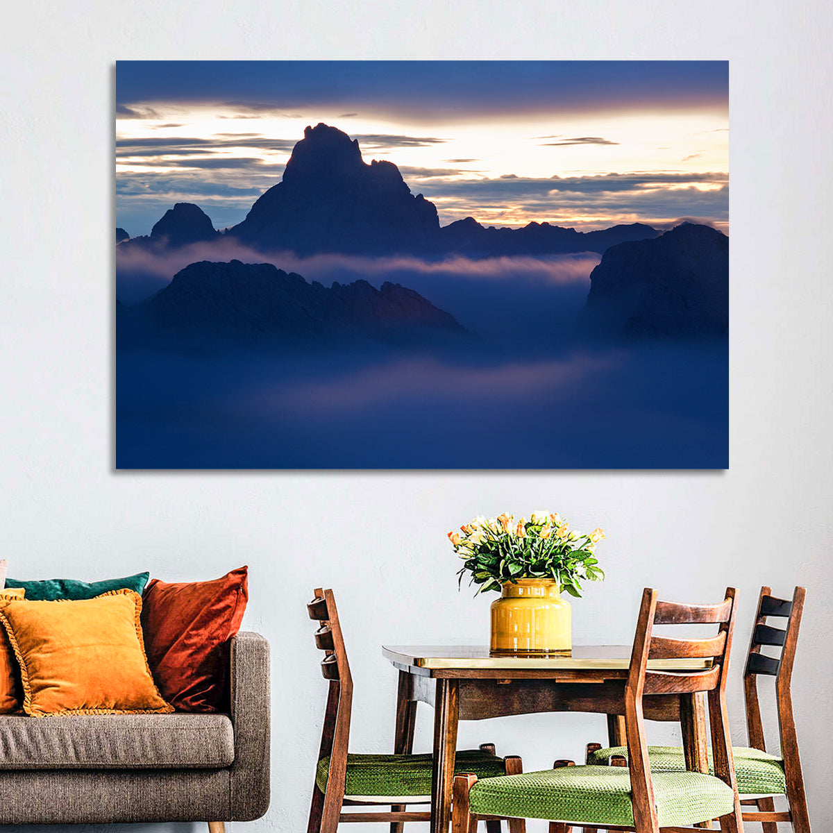 Dolomites Sunrise Silhouette Wall Art in a room, landscape