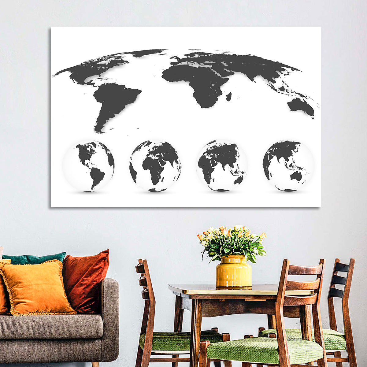 Stylized World Map and Globe Icons Wall Art