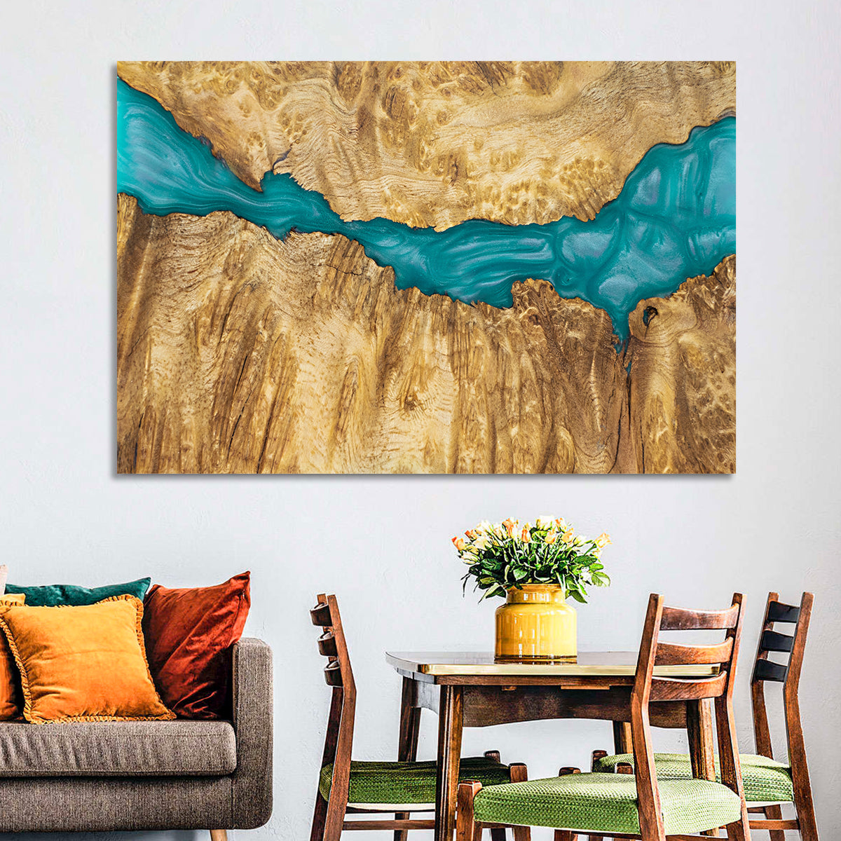 Burled Wood River with Teal Resin Wall Art in a room, landscape