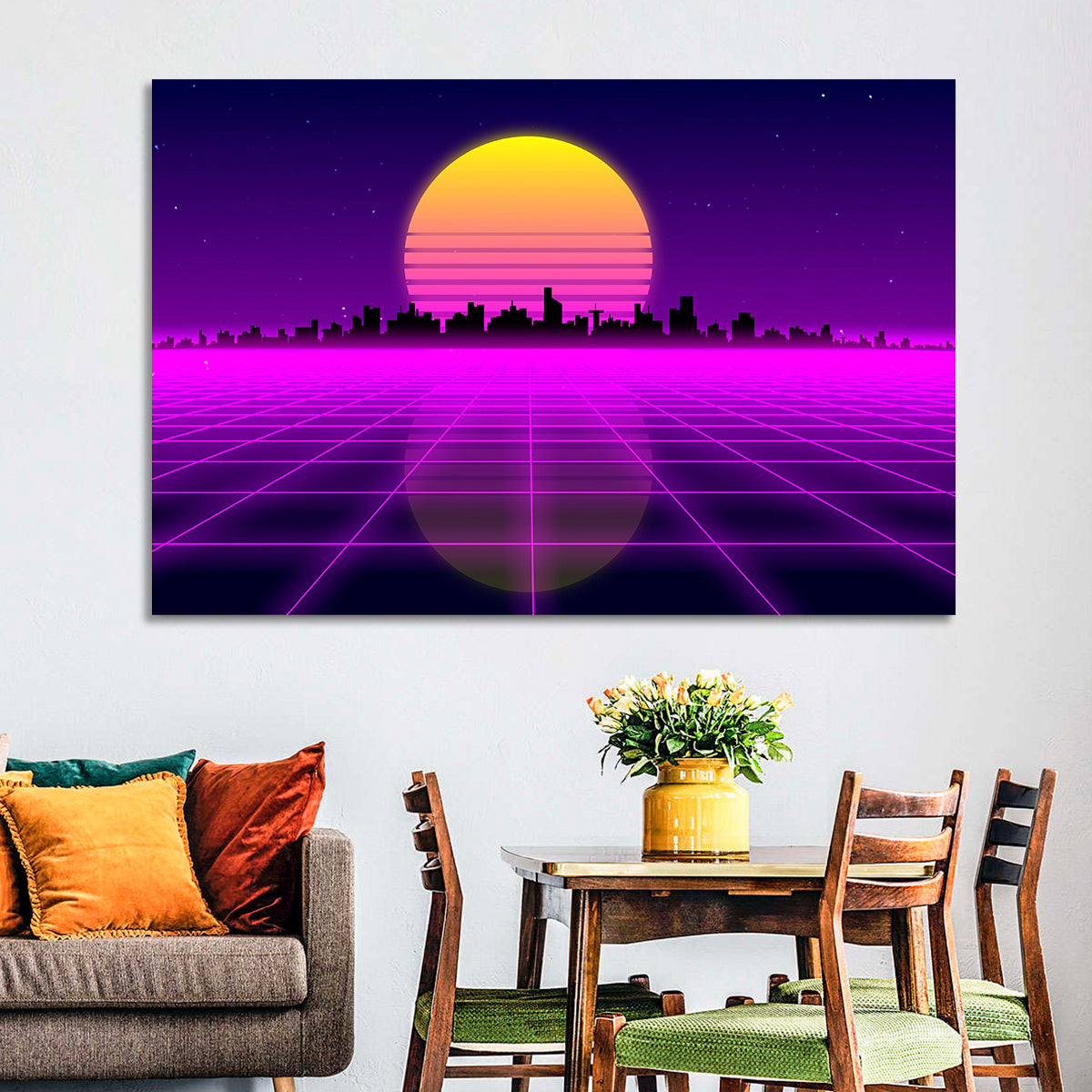 Neon Sunrise Skyline Wall Art in a room, landscape