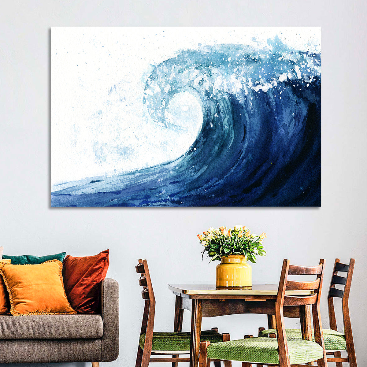 Watercolor Cresting Wave Wall Art in a room, landscape