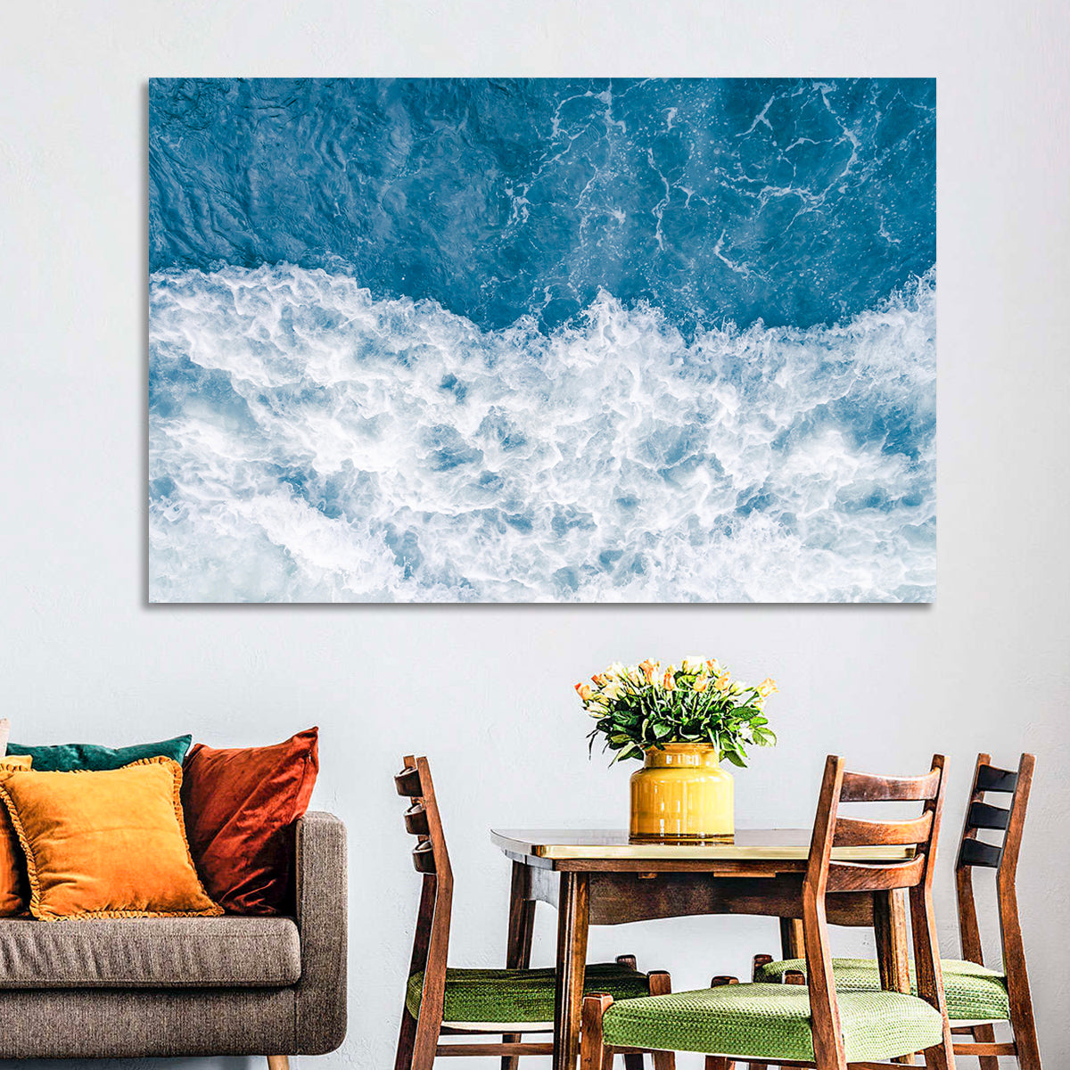 Stormy Blue Sea Wave Wall Art in a room, landscape