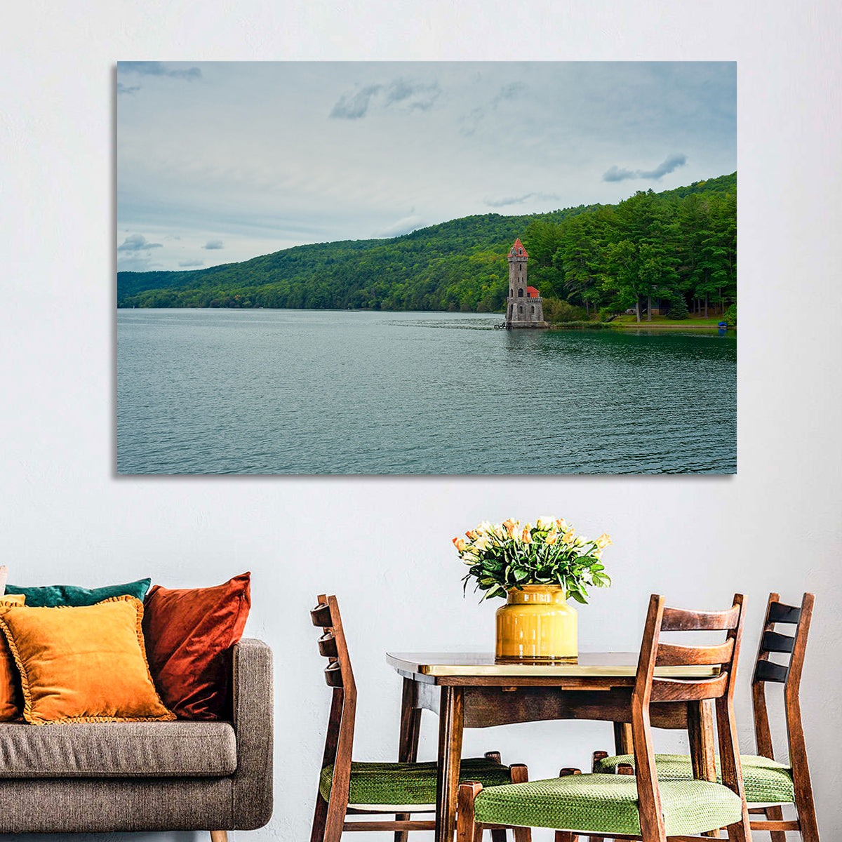 Otsego Lake View with Stone Tower Wall Art in a room, landscape