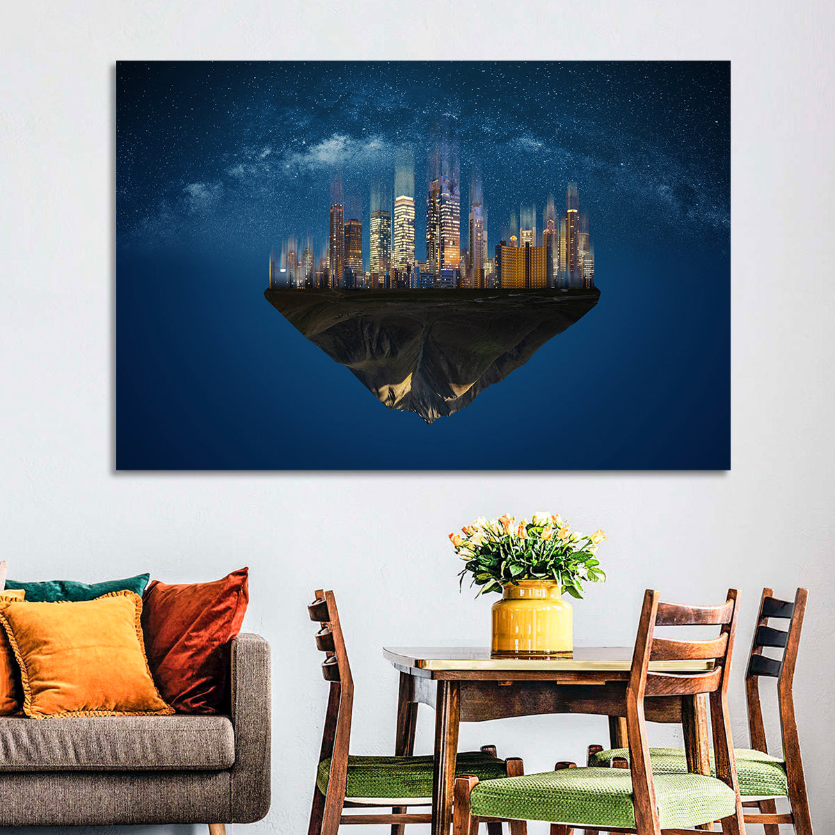 Floating City Island Wall Art in a room, landscape