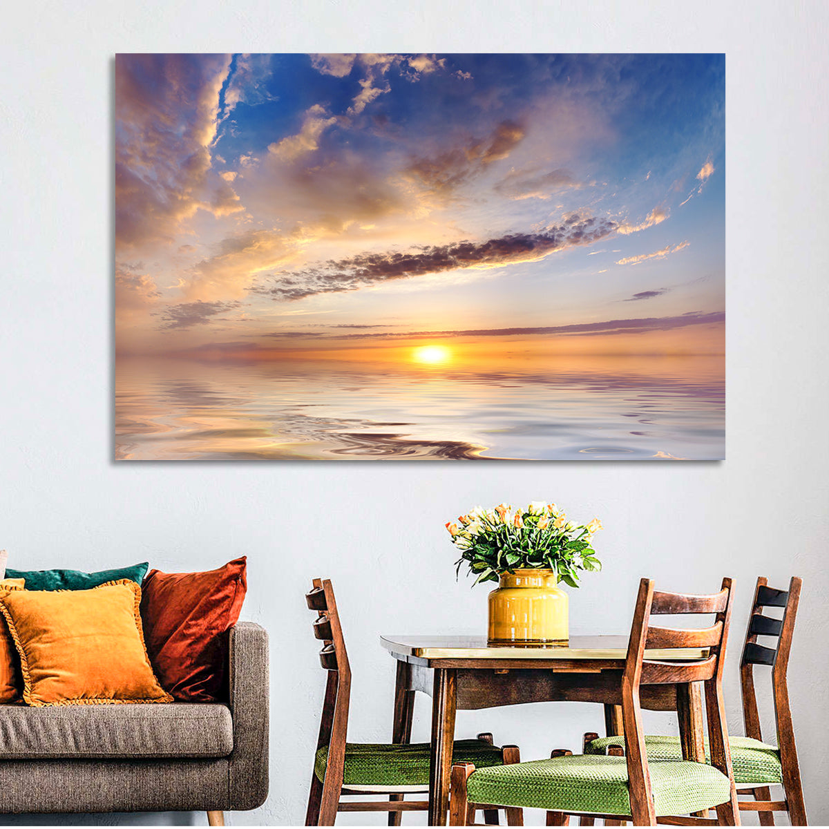 Sunlit Clouds Over Calm Sea Wall Art in a room, landscape