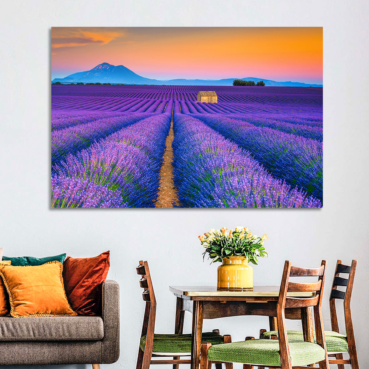 Valensole Lavender Fields at Sunset Wall Art in a room, landscape
