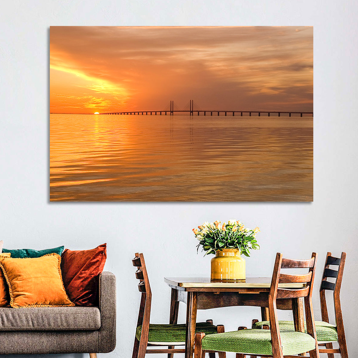 Øresund Bridge in Golden Light Wall Art in a room, landscape