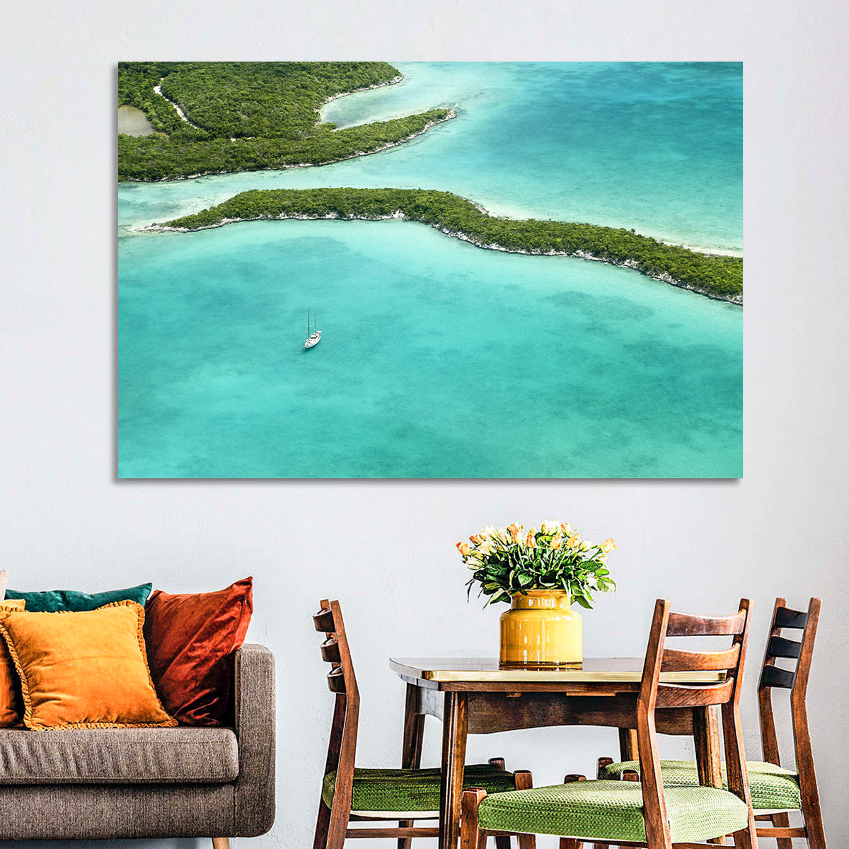 Turquoise Bahamas Islands Wall Art in a room, landscape