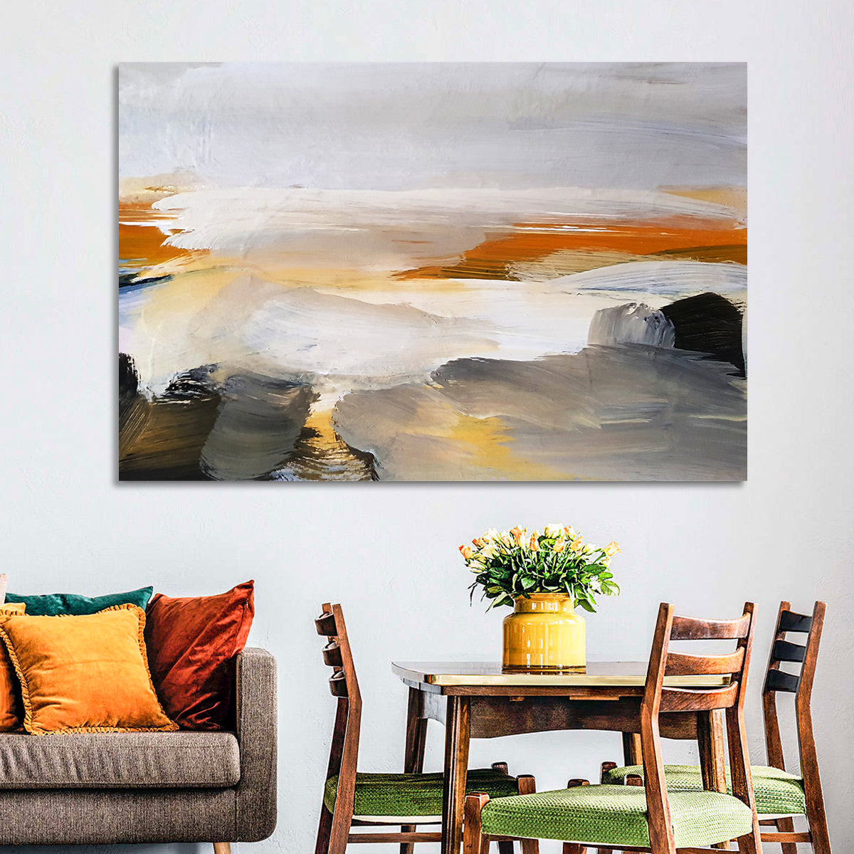 Misty Coastal Horizon Wall Art in a room, landscape