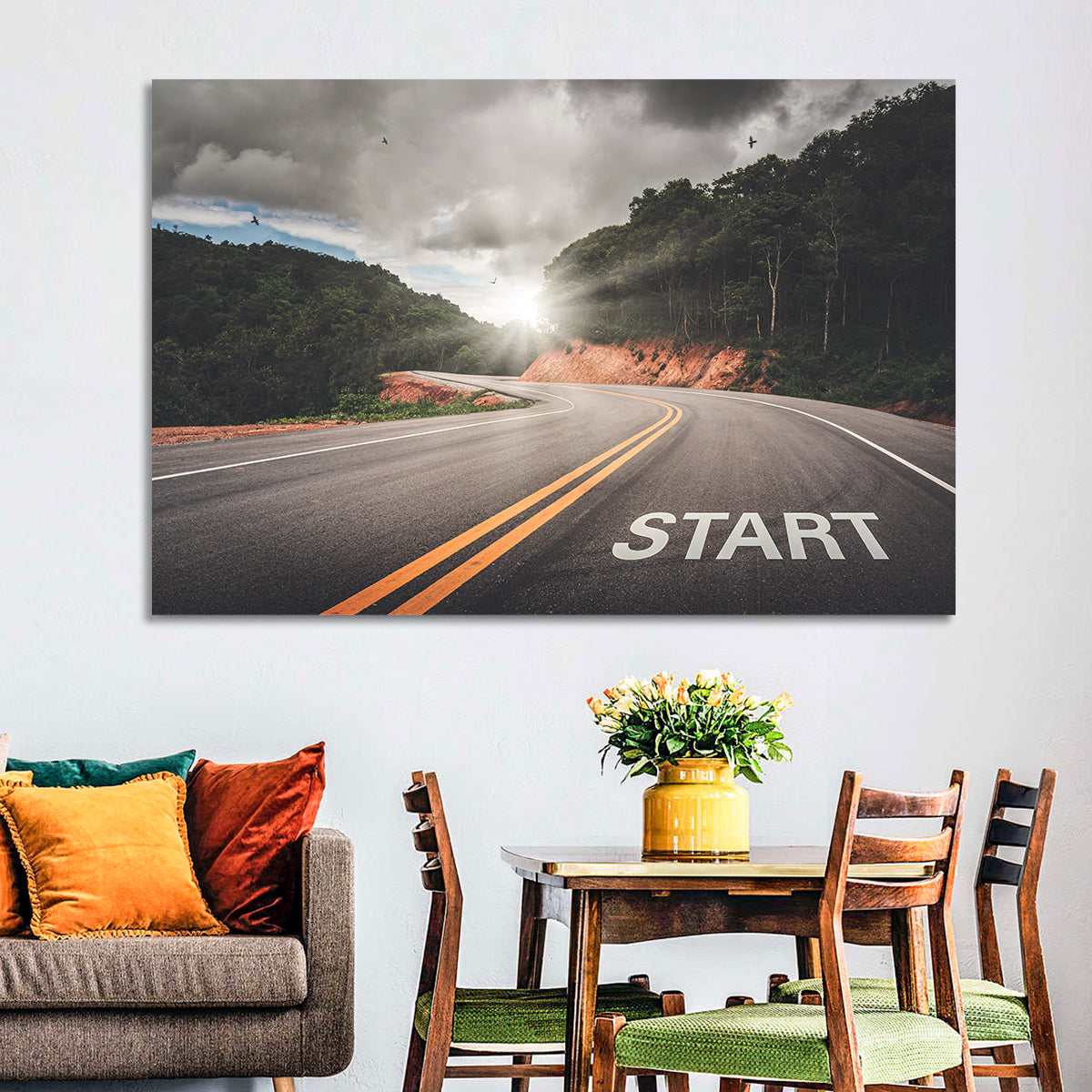 Start of a Journey, Sunrise Road Wall Art in a room, landscape