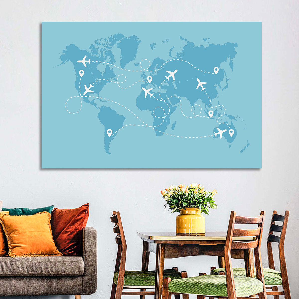 World Flight Routes Map Wall Art in a room, landscape