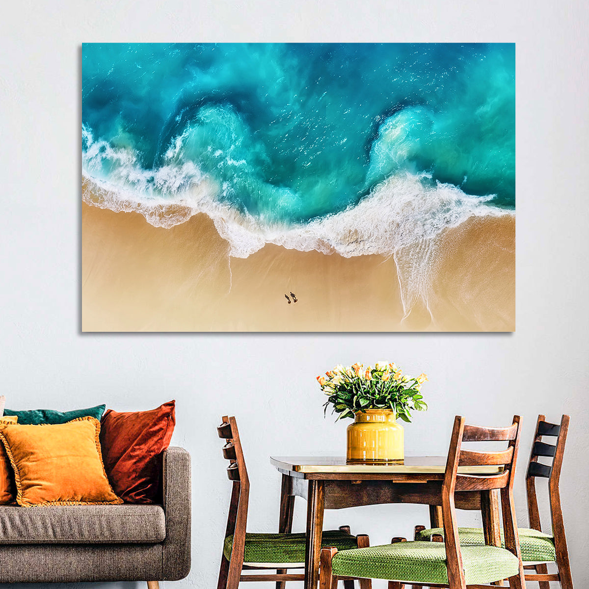 Turquoise Beach Aerial Wall Art in a room, landscape