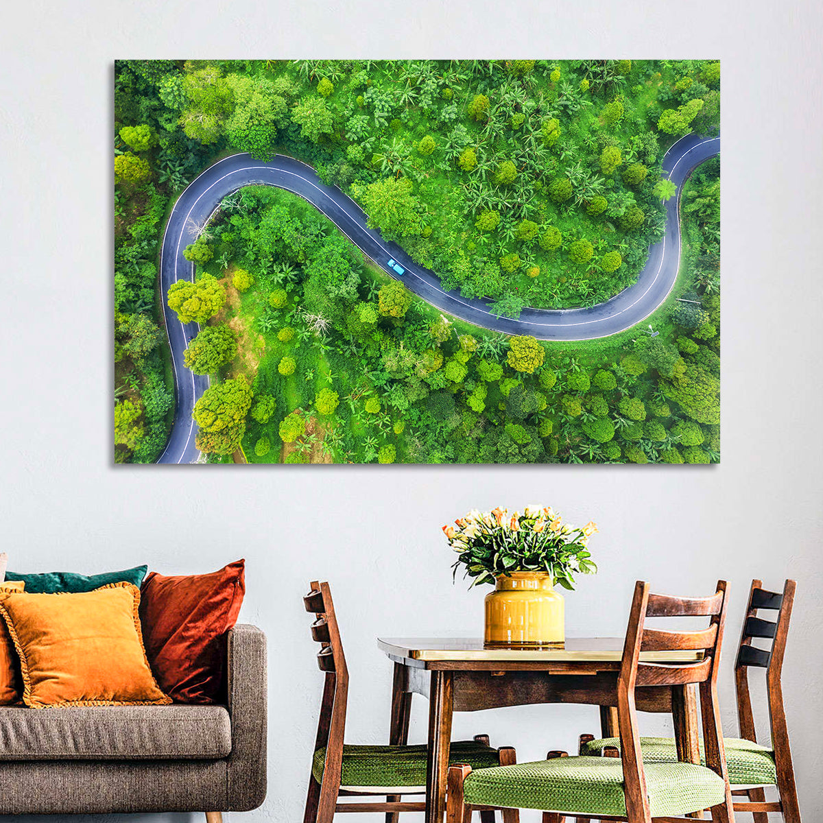 Blue Car on Summer Forest Road Wall Art in a room, landscape