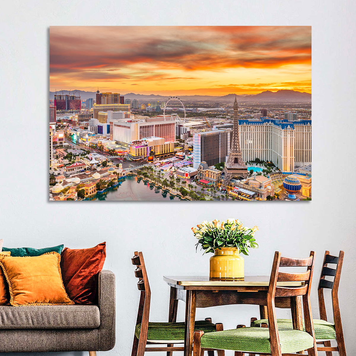 Las Vegas Strip Sunset Cityscape Wall Art in a room, landscape